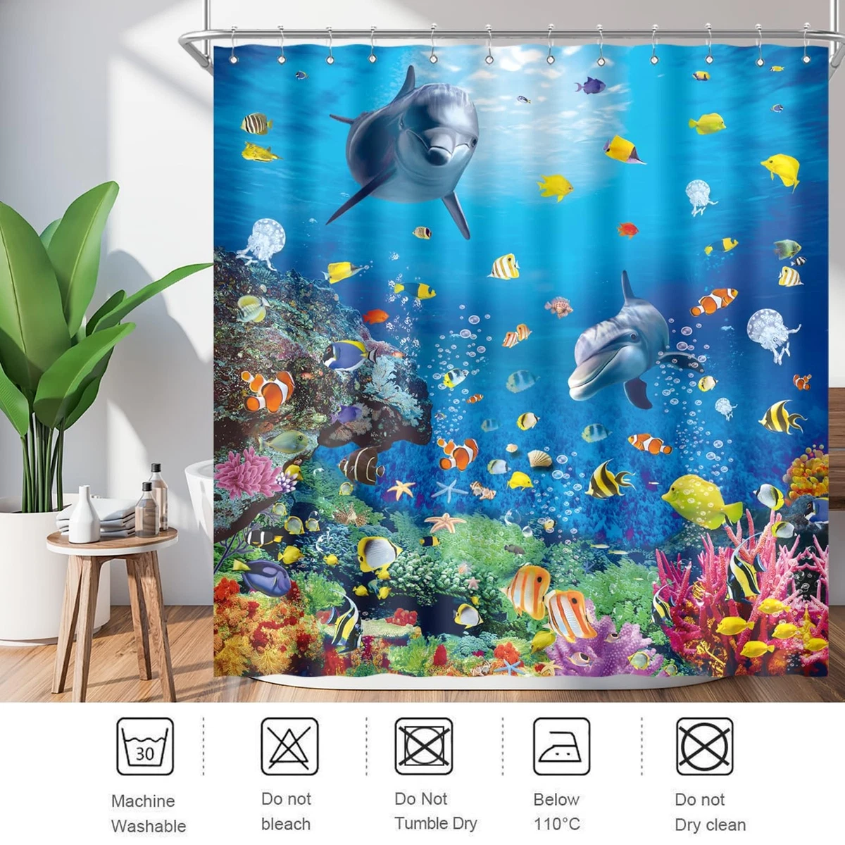 ZXMBF 4Pcs Ocean Dolphin Shower Curtain Set Rugs Toilet Lid Cover Bath Mat