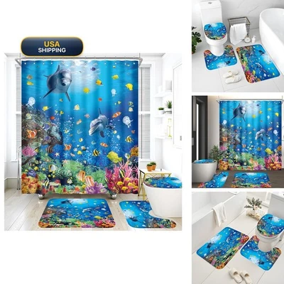 ZXMBF 4Pcs Ocean Dolphin Shower Curtain Set Rugs Toilet Lid Cover Bath Mat