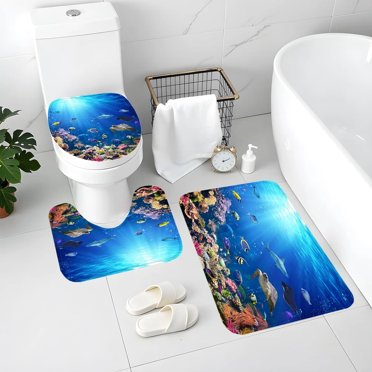 ZXMBF 4Pcs Ocean Underwater World Shower Curtain Set with Rugs Toilet Lid Cover