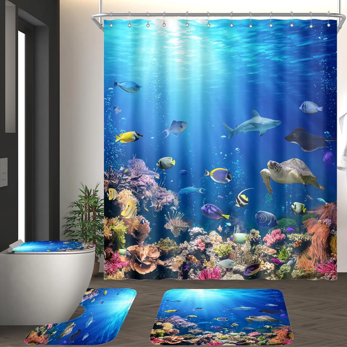 ZXMBF 4Pcs Ocean Underwater World Shower Curtain Set with Rugs Toilet Lid Cover