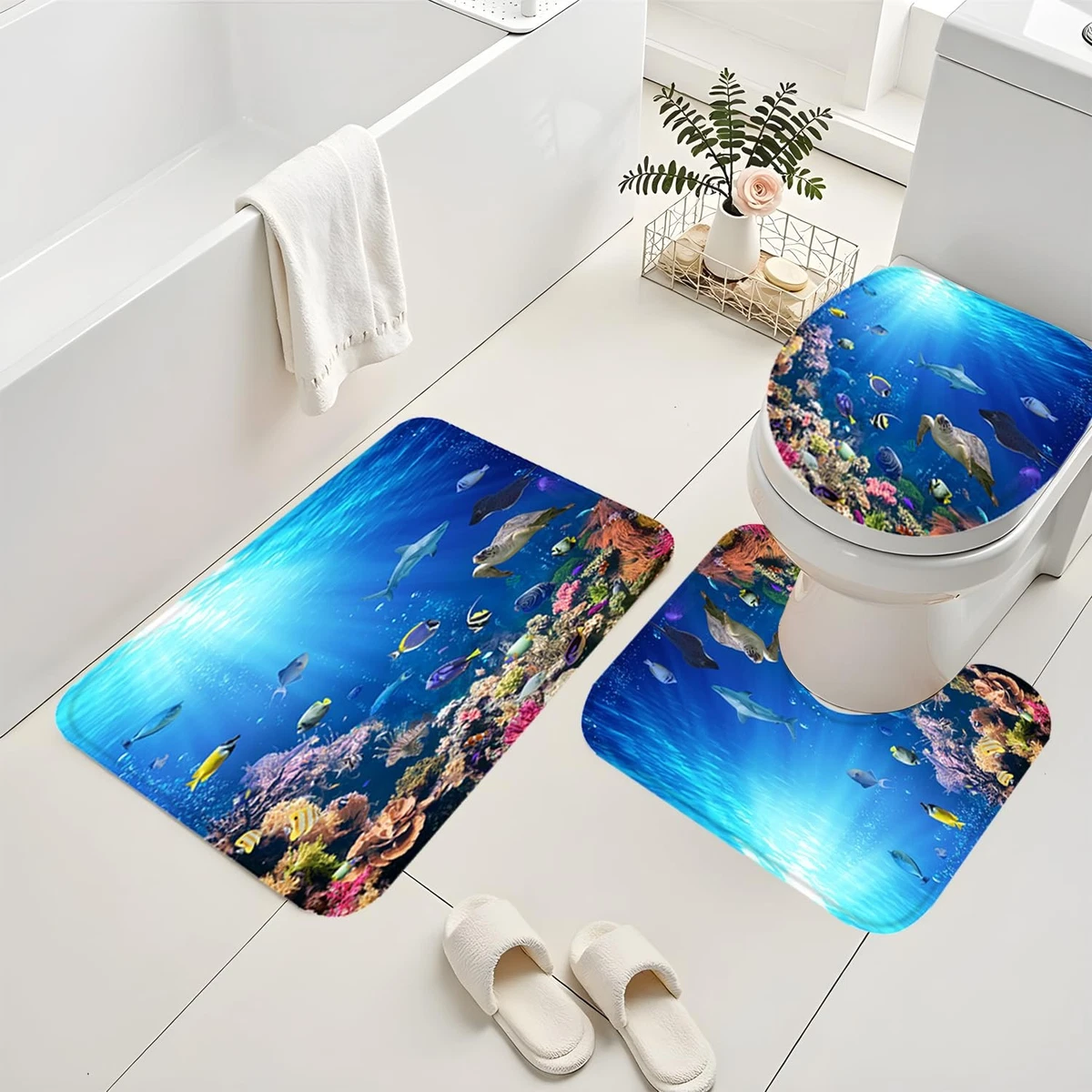 ZXMBF 4Pcs Ocean Underwater World Shower Curtain Set with Rugs Toilet Lid Cover