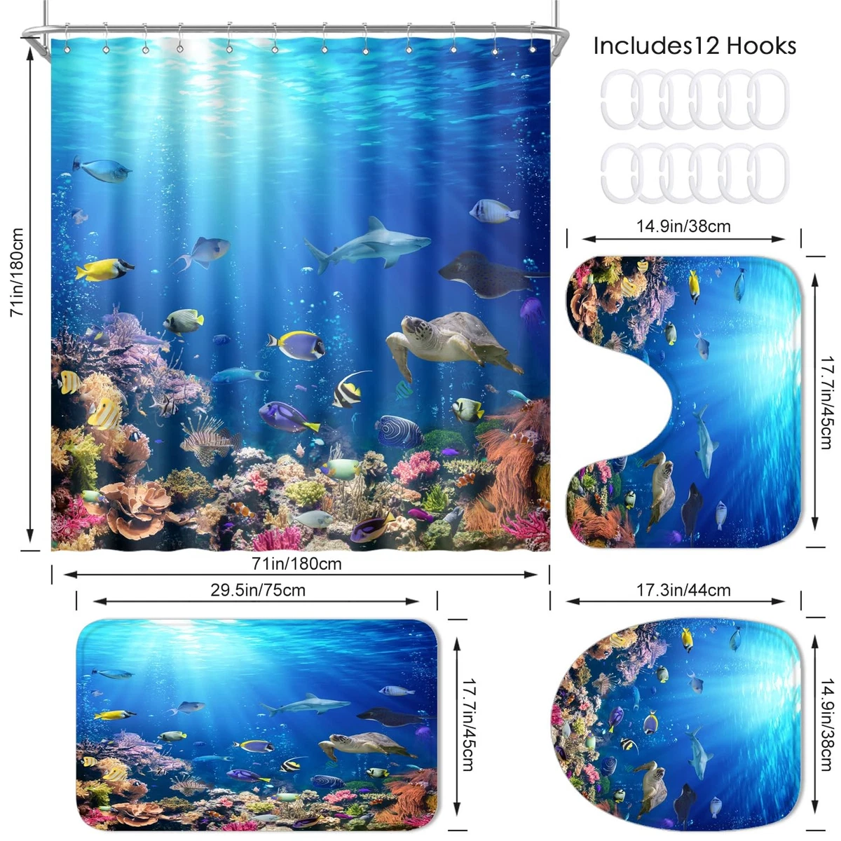 ZXMBF 4Pcs Ocean Underwater World Shower Curtain Set with Rugs Toilet Lid Cover