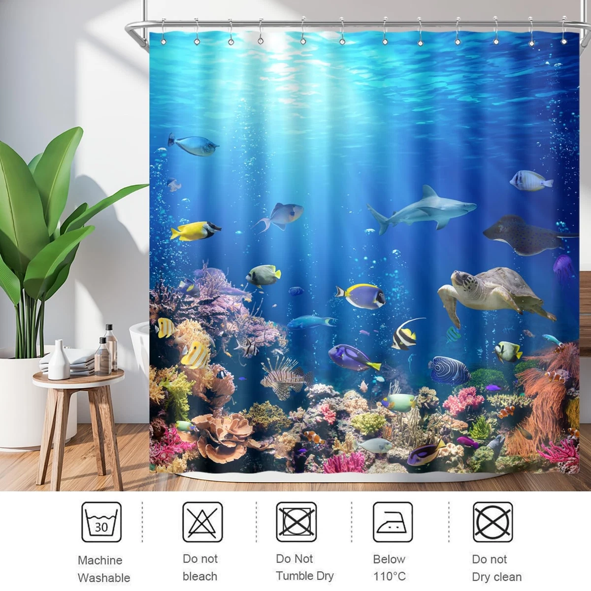 ZXMBF 4Pcs Ocean Underwater World Shower Curtain Set with Rugs Toilet Lid Cover
