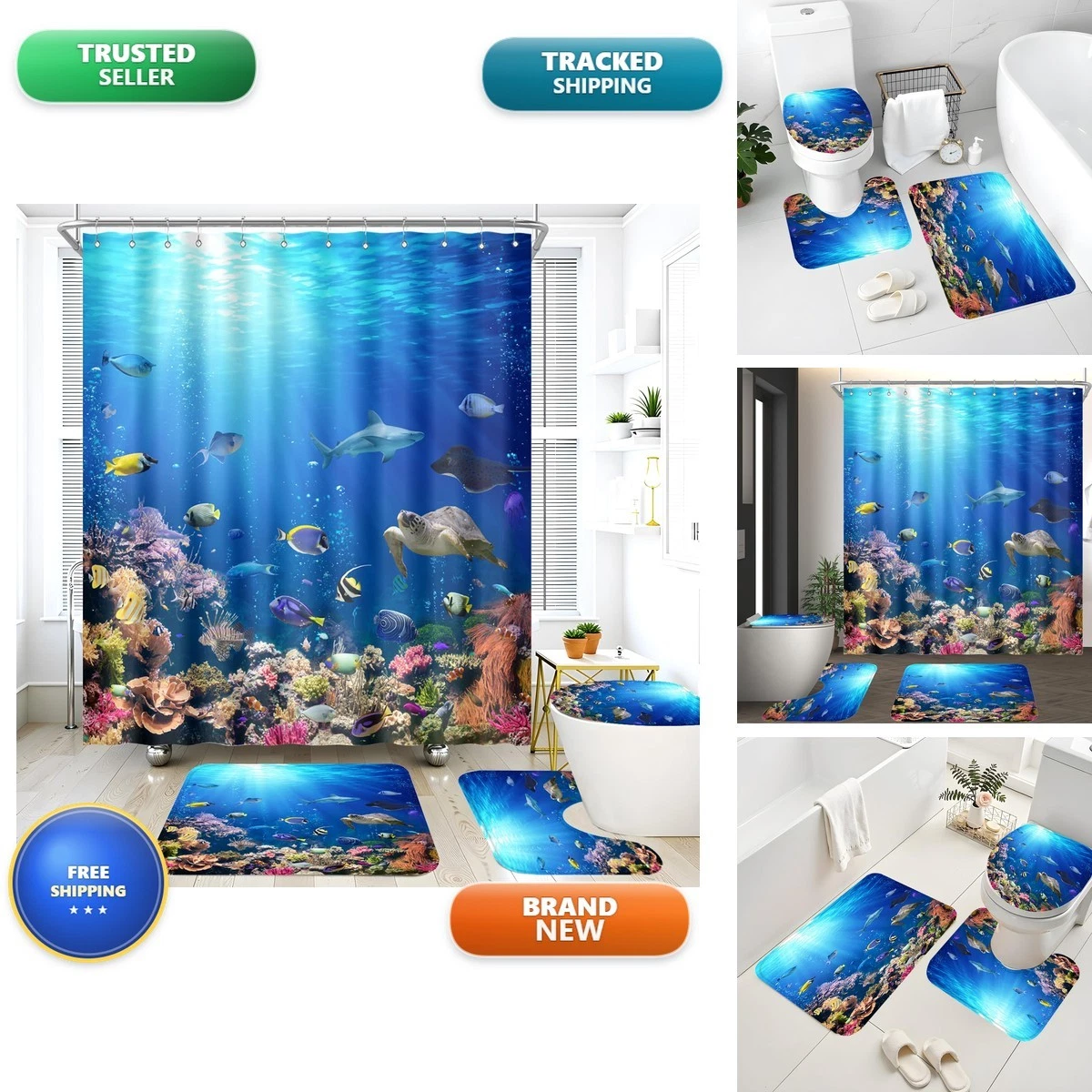 ZXMBF 4Pcs Ocean Underwater World Shower Curtain Set with Rugs Toilet Lid Cover