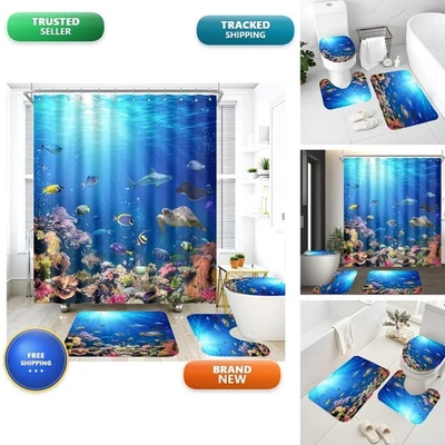 ZXMBF 4Pcs Ocean Underwater World Shower Curtain Set with Rugs Toilet Lid Cover